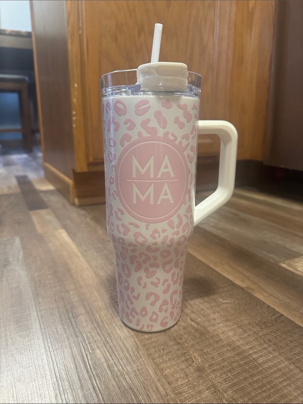 Hobby Lobby Pink Leopard "MAMA" Insulated Travel Tumbler with White Handle